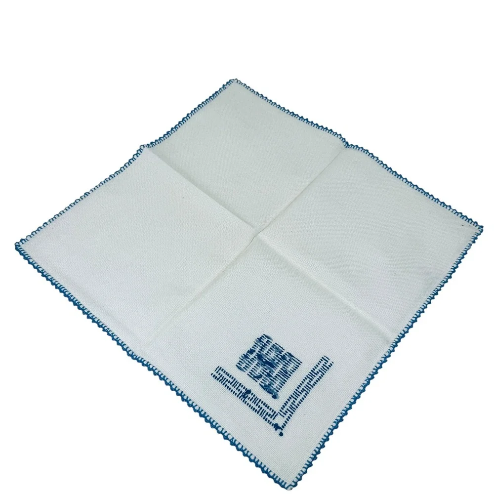 Set of 6 Blue Embroidered Greek Key‎ Linen Napkins Crochet Trim 18